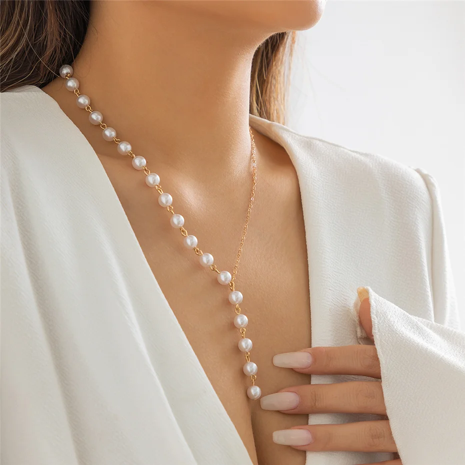 Ingemark Elegante Asymmetrische Imitation Perle Brust Kette Halskette Frauen Mi Braut Kpop Perle Lange Halsband Zubehör Schmuck Neue – Detail 6