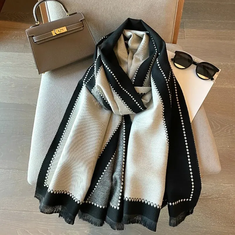 Winter Women Cashmere Scarf Black Grey Color Block Shawl Thickened Warm Geometric Scarves Imitation Pashmina Tippet 190*65cm