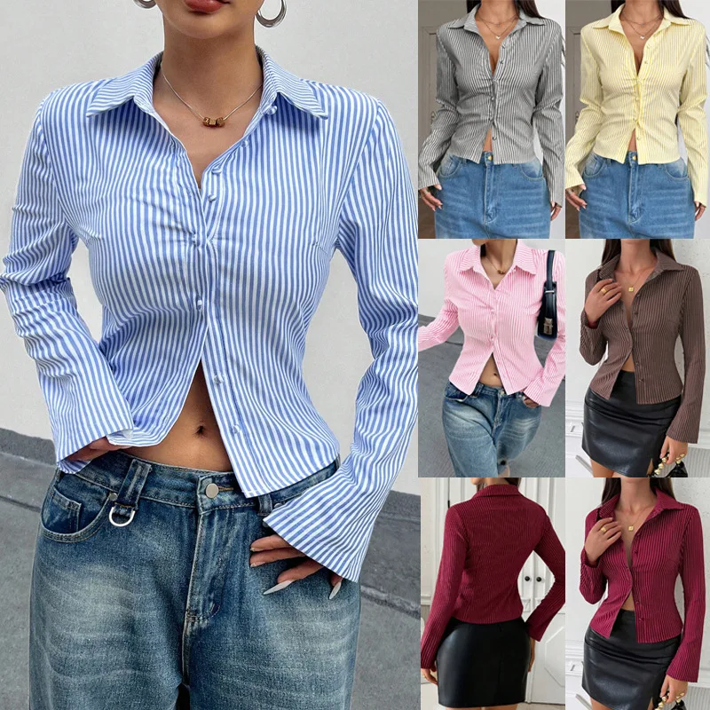 

Women's Casual Versatile V-neck Striped Long-Sleeved Shirt Tops Polo Collar Striped Waist Hugging Slimming Sense Office Lady