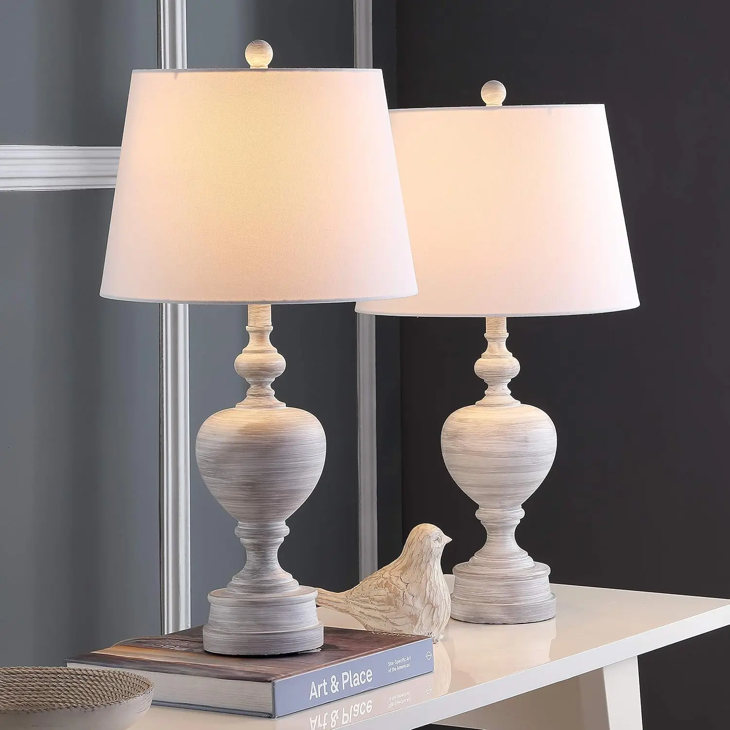 

Lighting Collection Alban Rustic Farmhouse Wash White 27-Inch Bedroom Living Room Home Office Desk Nightstand Table Lamp Set Of