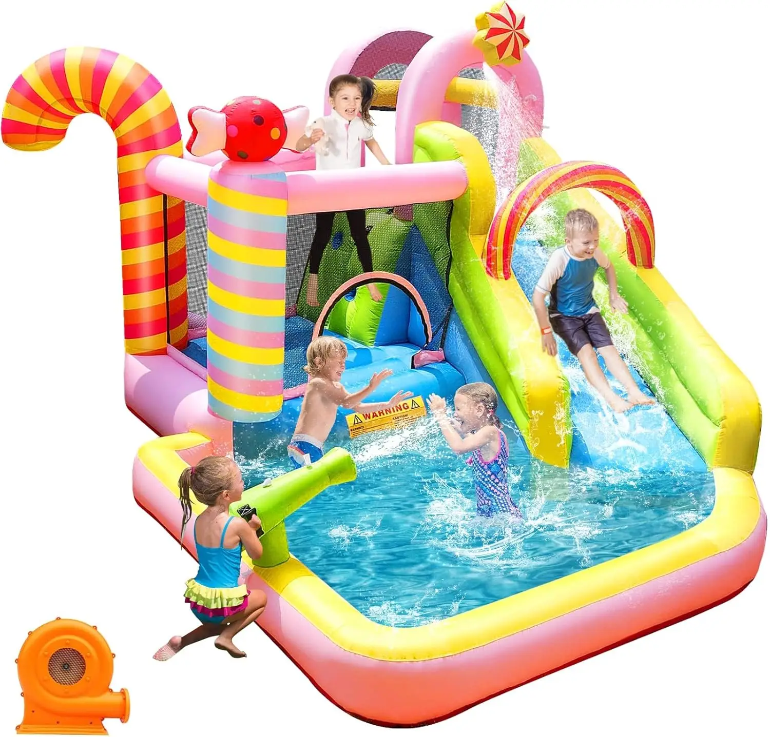 

Kids Inflatable Water Slide Bounce House, 6-in-1 Water Park with Splash Pool, Climbing Wall & Basketball Hoop, for Ages 3-10, 840D Oxford, 450W Blower, Backyard Outdoor Fun