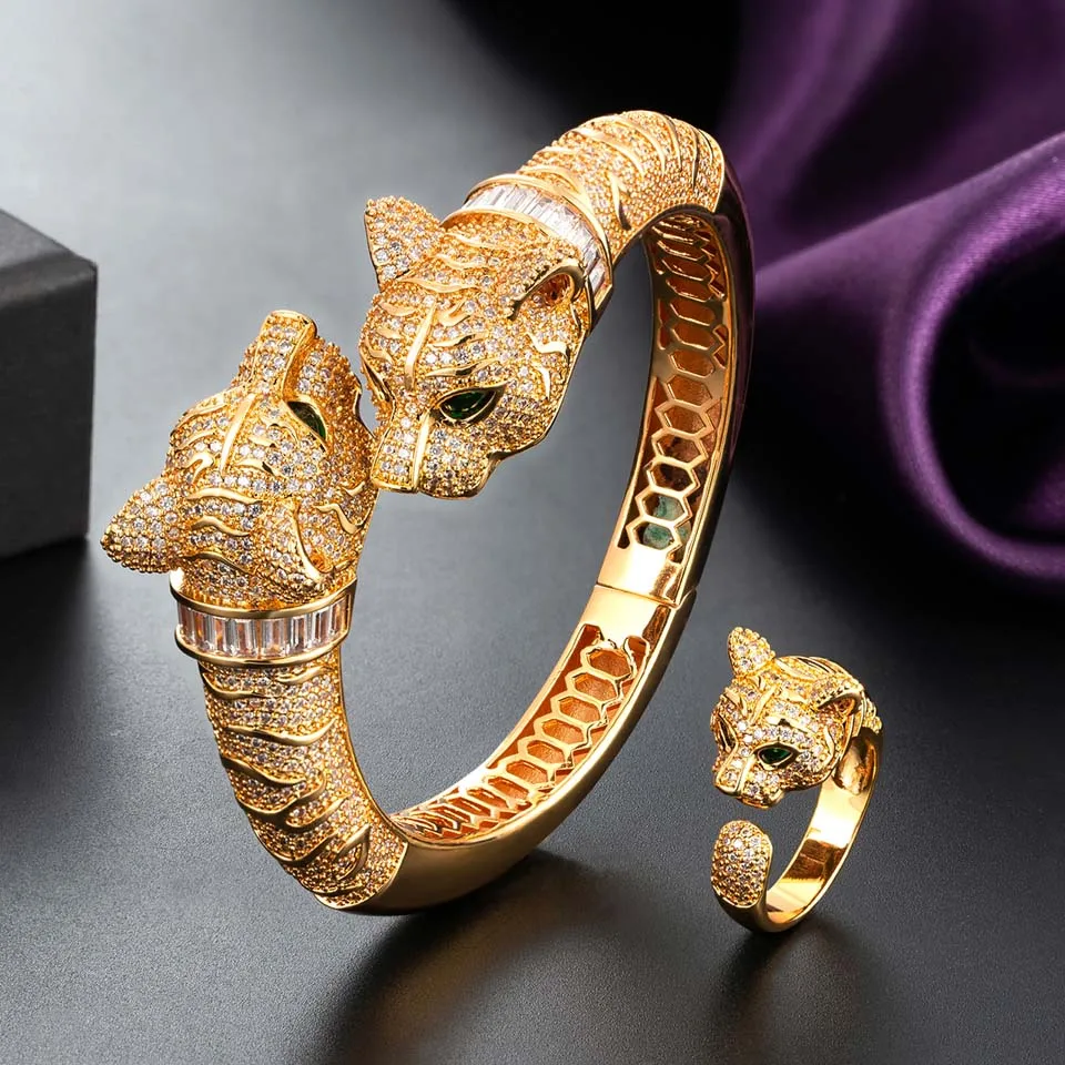 

Zlxgirl Big Two leopard Head Animal Bangle and Ring Women Bridal jewelry set AAA Cubic zirconia Gold bracelet anel aneis Bijoux