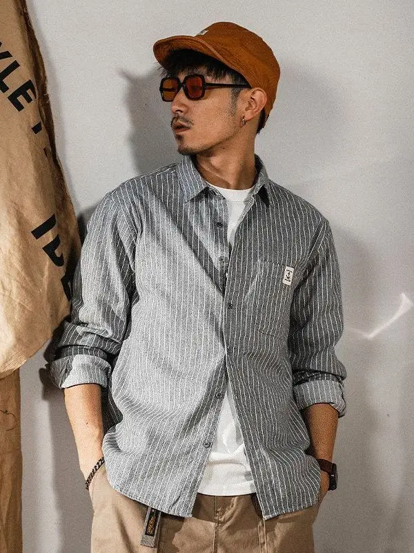

Trendy Workwear irt Men's Long Sve Loose Casual Striped Button up Collar Daily Wear Spring Autumn New Sle Youth Faion