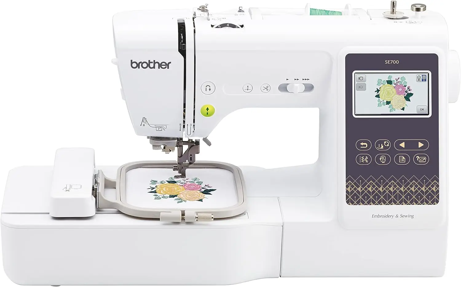 

135 Built-in Designs, 103 Built-in Stitches, Computerized, 4" x 4" Hoop Area, 3.7" Touchscreen Display, 8 Included Feet, White