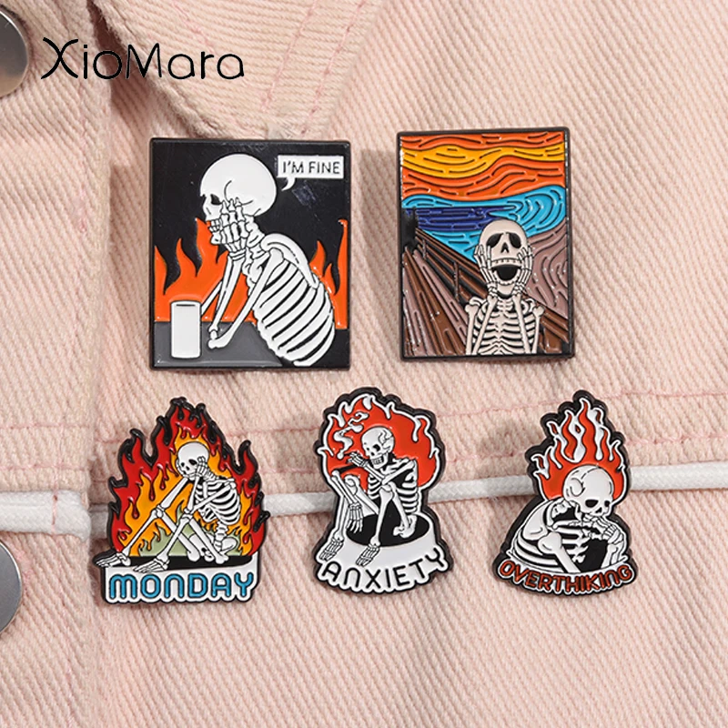 Creative Skeleton Oil Painting Enaml Pins Custom Overthiking Anxiety I'm Fine Metal Brooches Lapel Badge Halloween Jewelry Gifts