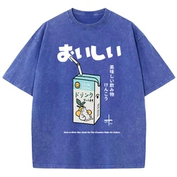Casual Women Cotton Washed T-Shirt Cartoon Drink Pattern Printing Short Sleeve Loose O-Neck Tee Shirt Vintage Female Clothes