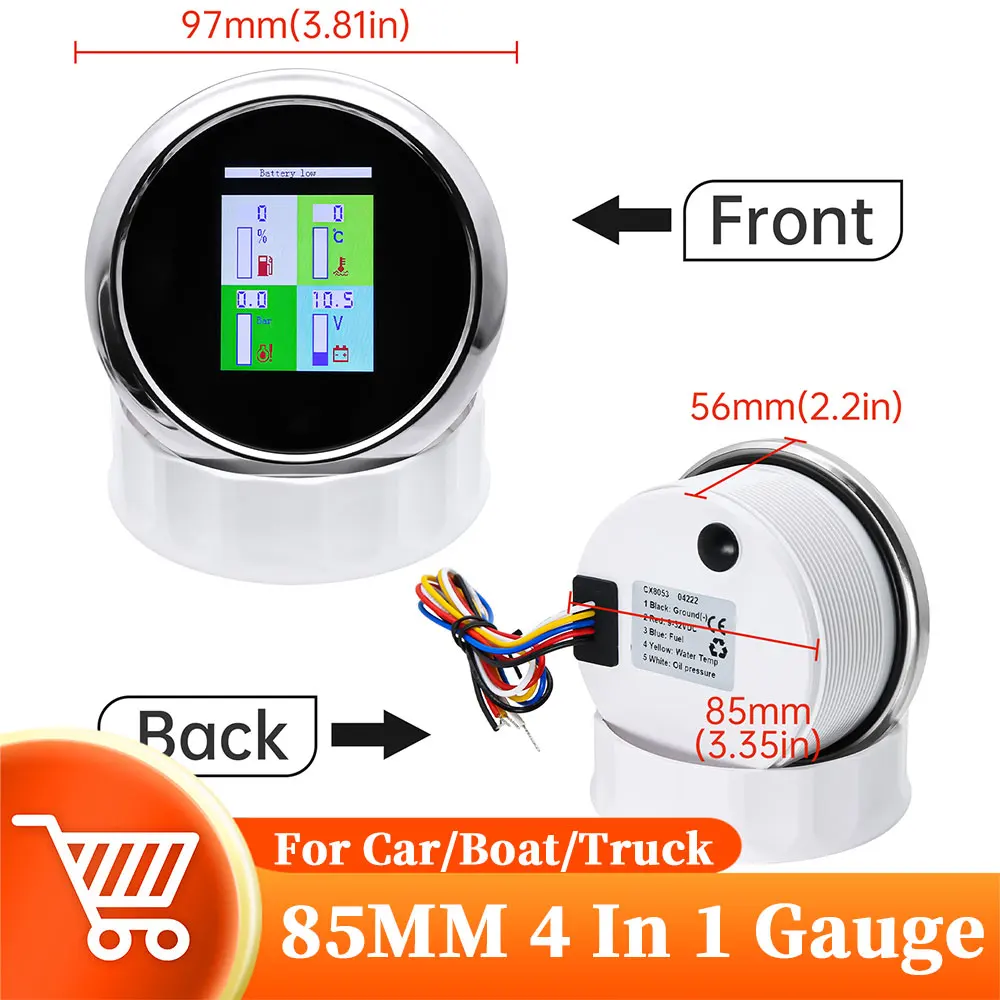 85mm 4 In 1 Oil Pressure Gauge Fuel Level Gauge Water Temp Volt Meter With Alarm 1/8NPT Temprature Sensor For Car Boat 9-32V