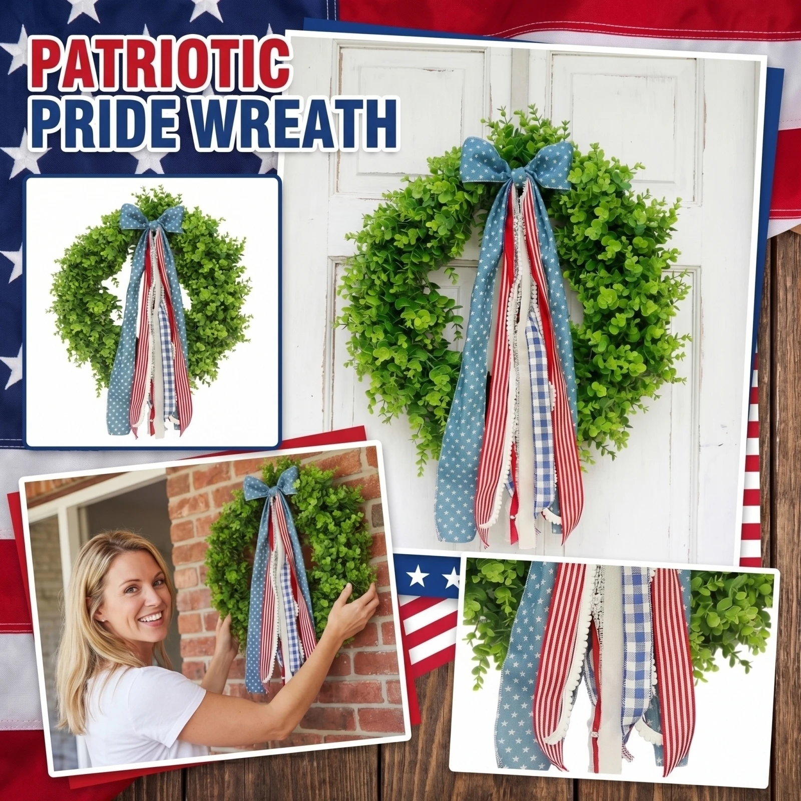 

35 cm Independent Wreath Decoration Round Wreath with Bow American 250th Anniversary Wreath Front Door Decorative Wreath