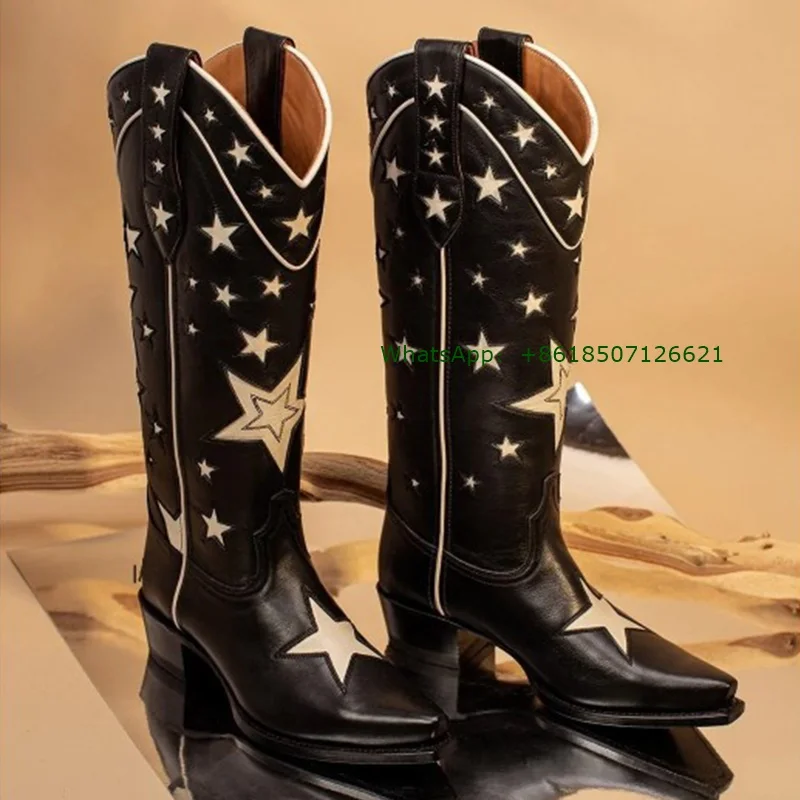 Black Pointed Slip-On Star Knight Boots Western Cowboy Mid-Tube Flat Low-Heeled Women'S Boots