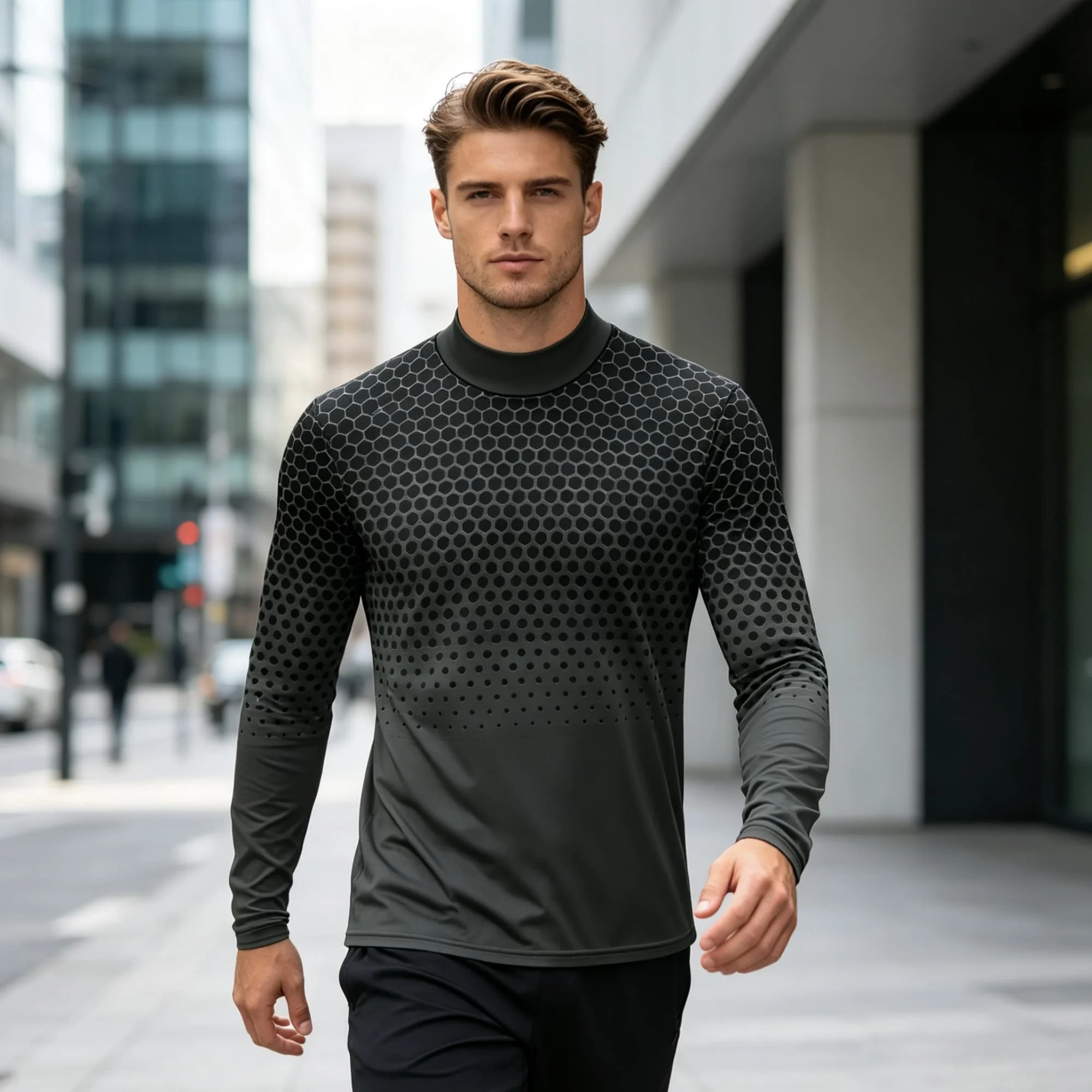 Men Bodybuilding Top Half‑Collar Long Sleeve Gradient Geometric Mesh Print Breathable Workout Shirt