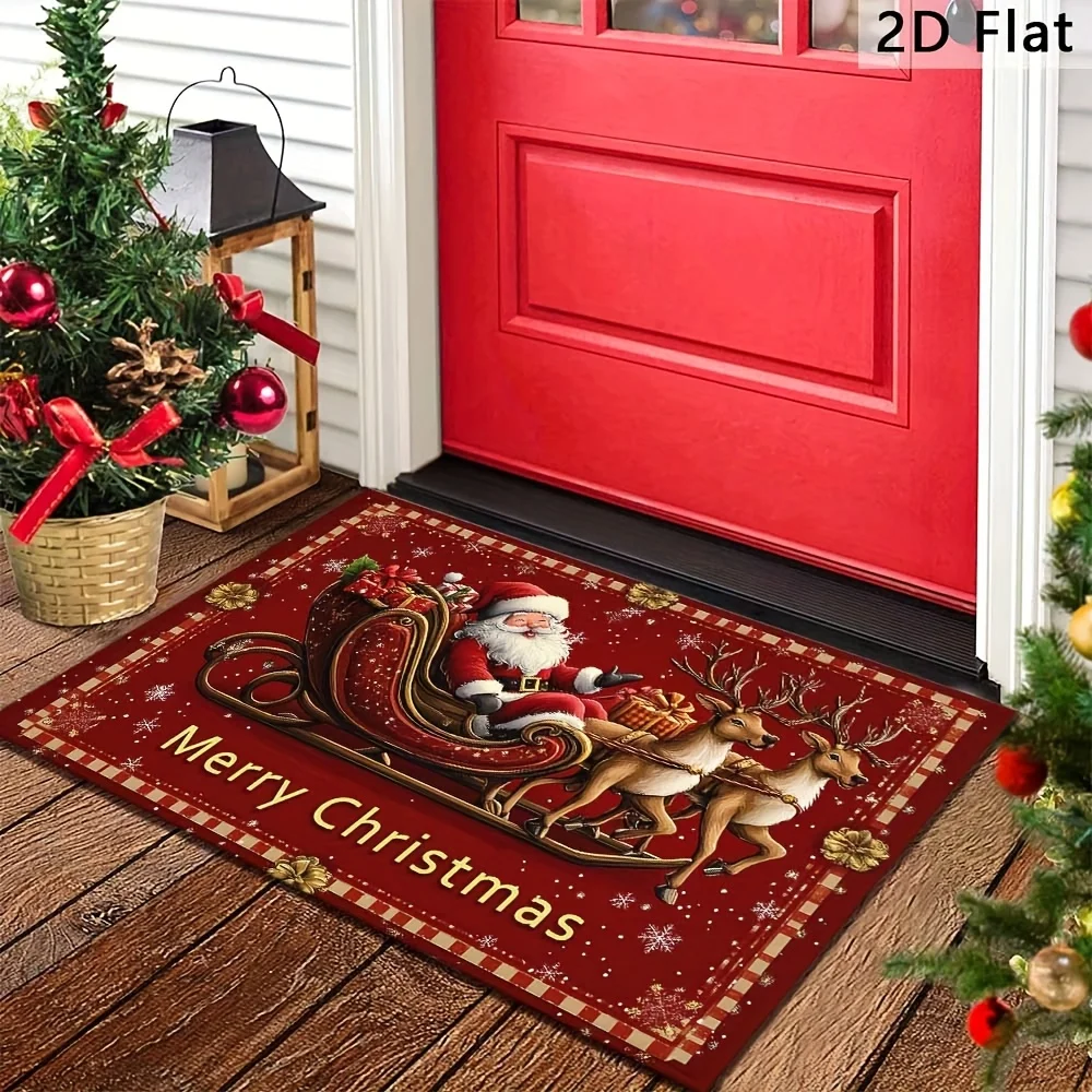 VIKAMA Christmas Doormat Non‑Slip Washable Front Door Rug Indoor Outdoor Xmas Sleigh Reindeer Decor Mat for Porch Entryway