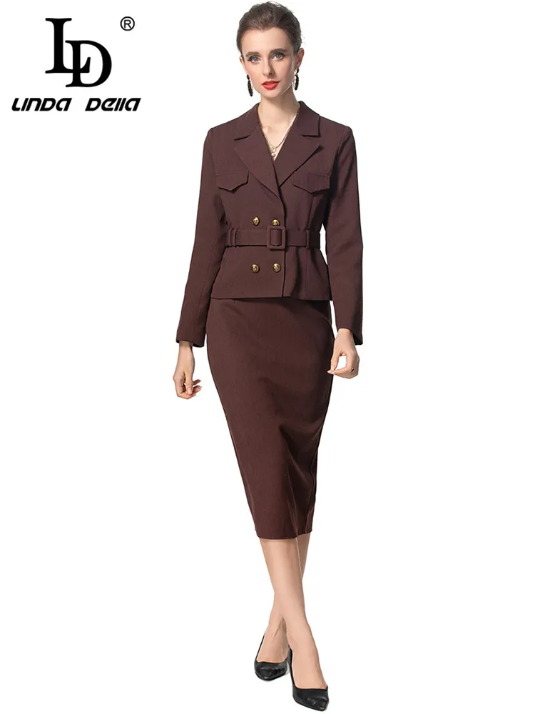 

LD LINDA DELLA Women's Elegant Office and Business Suit Long Sleeved Double-Breasted With Belt Tops+ Slim Skirt 2 piece set