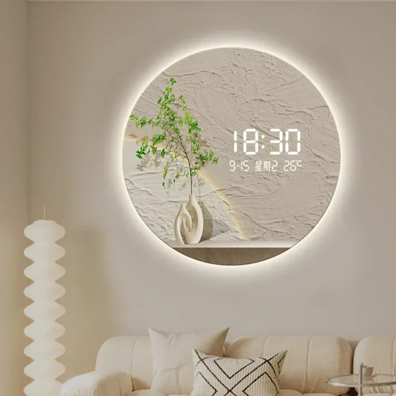 Round green plant luminous electronic wall clock living room dining room decorative painting creative light table wall clock