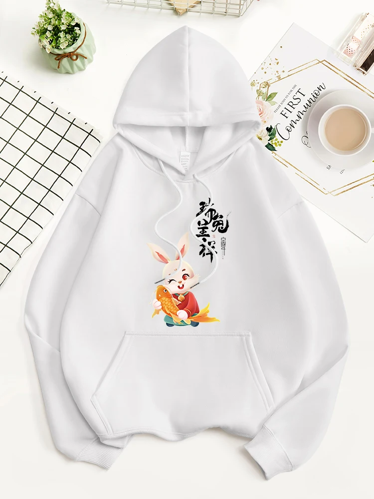 

Rabbit With Carp And Chinese Blessings Cotton Hoodie Street Sweatshirt Autumn Hooded Streetwear Fashion Sports Female Streetwear