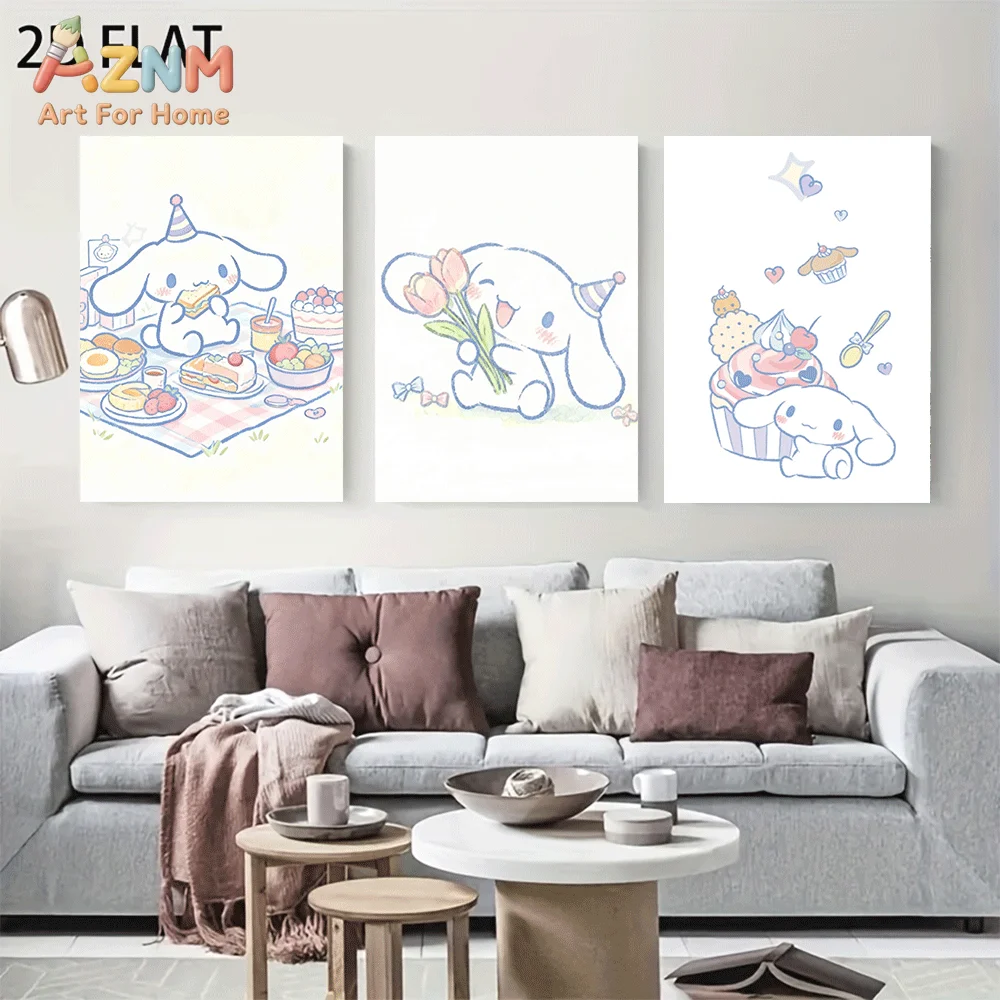 AZNM Cinnamoroll Canvas Wall Art Unframed Cute Cartoon Print Poster Picnic Tulip Cupcake Pastry Sketch Design for Girls Bedroom