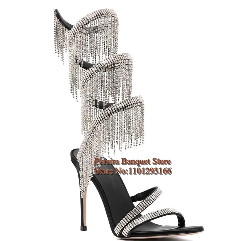 Gittering Rhinestone Tassels Women Strappy Sandals Silver Crystal Open Toe Thin Heels Cross S Shape Wedding Evening Shoes