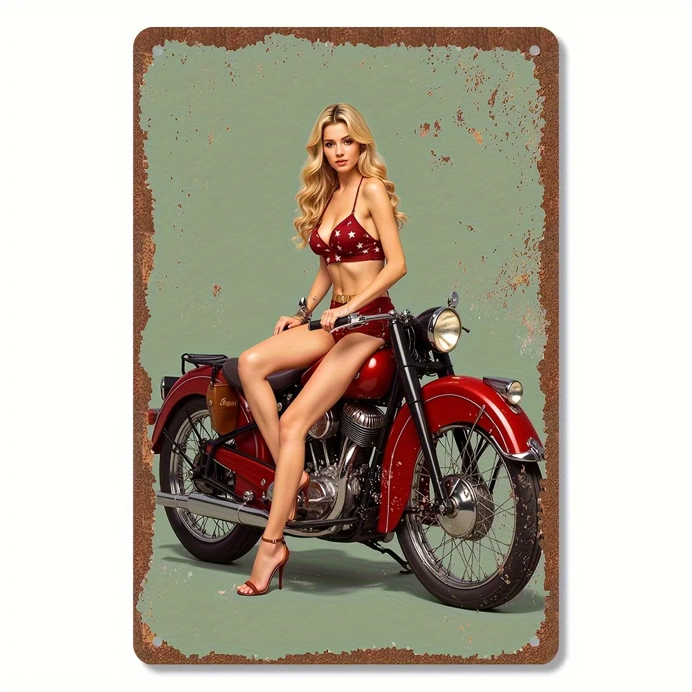 Vintage Metal Tin Sign - Retro Red Motorcycle & Blonde Woman Wall Art,   Rustic Home Decor, Durable Metal Wall Hanging for Li