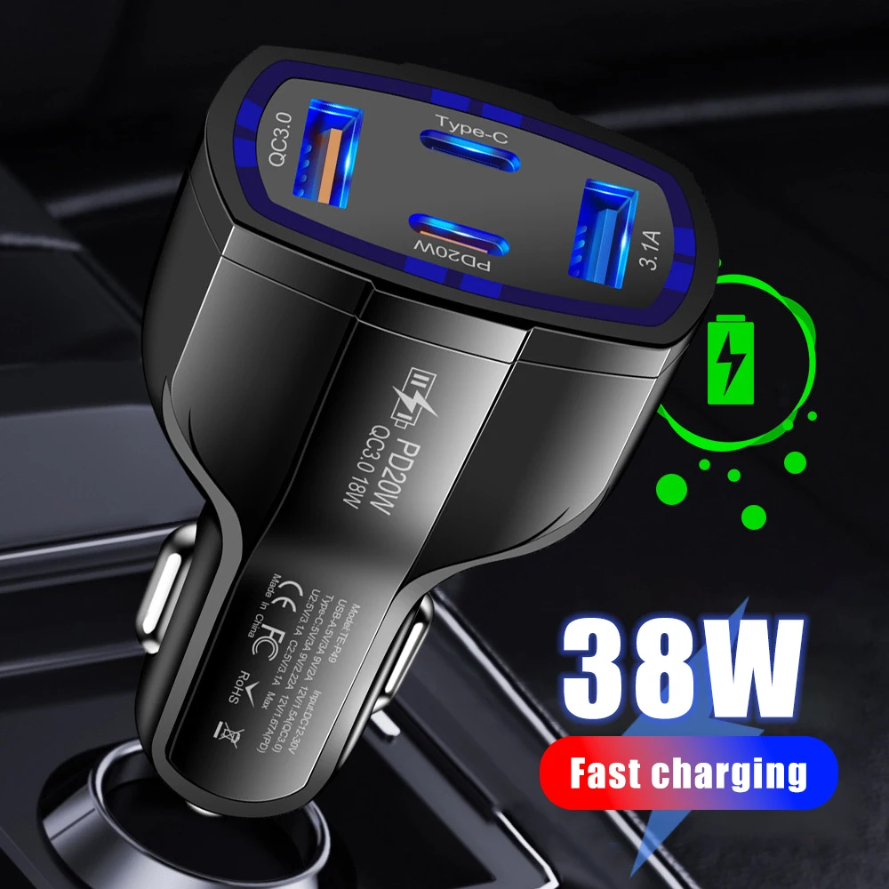 38W 2USB+2PD Quick Charger Car Cigarette Lighter Charger Universal Adapt For Automotive Quick Battery Interior Car Acessories