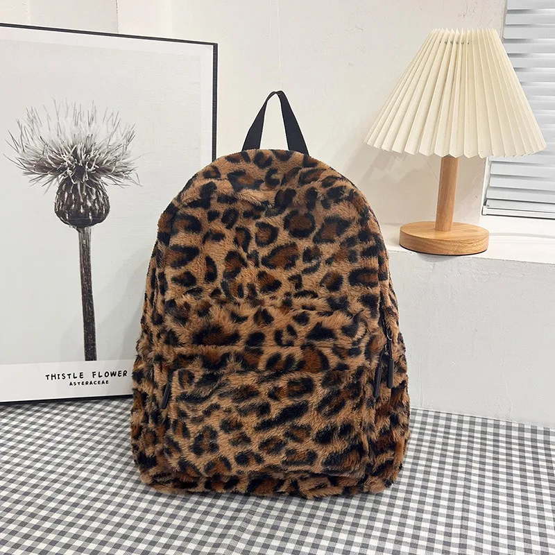 Plush Leopard Backpack Teenagers School Bag Large Capacity Fashion Students Bookbag Stylish Shoulder Backpack TravelOutdoor 2025