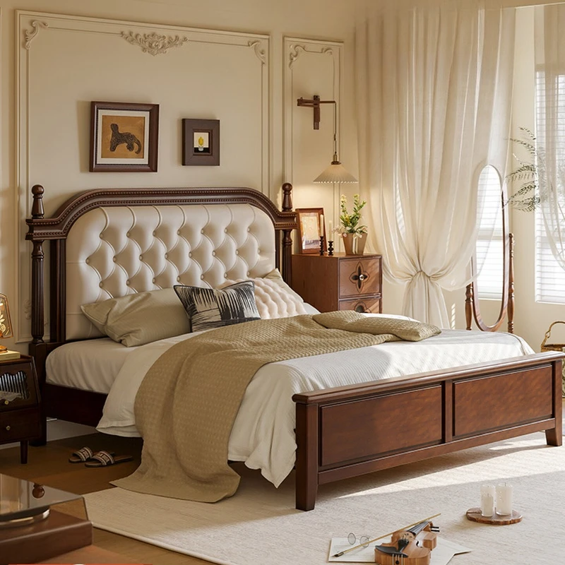 

American country single bed vintage elegant light luxury bed frame wooden simple retro camas matrimoniales bedroom furniture