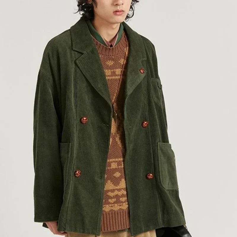 Spring Autumn Retro Corduroy Jacket Blazers Japanese Green Vintage Causal Loose High Street Jackets Men Tops Male Clothes