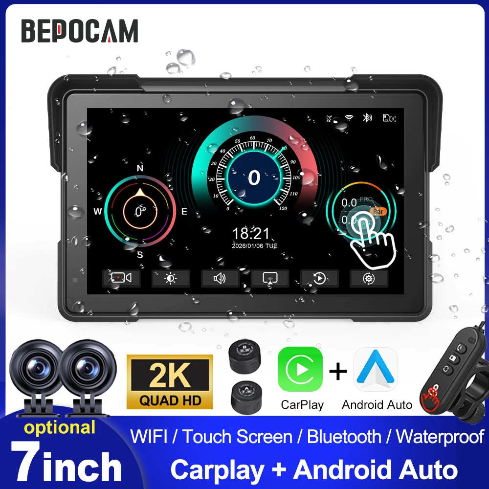 

BEPOCAM 7inch Motorcycle 2K DVR Navigation GPS Wireless Carplay Android Auto Airplay Display Screen Optioanl 2K Rear Camera Moto