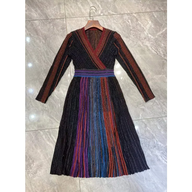 Robe longue fendue sur le côté pour femme, col en V, manches longues, rayures en métal, luxe, haut de gamme, robe de soirée, moulante, sexy