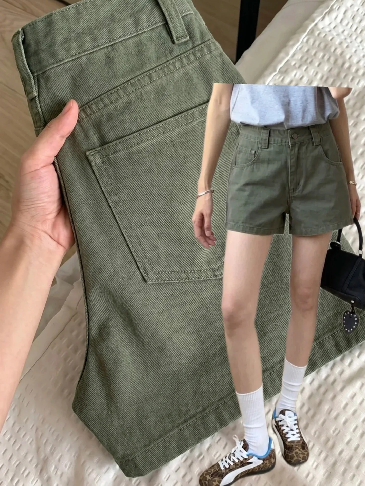 

American Retro Military Green Workwear Denim Shorts Women's High Waist Slim A-Line Wide Leg Pants Hot Pants Summer New Arrival