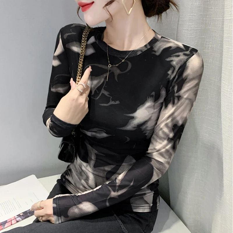 Street Style Slim Fit Long Sleeve T-Shirt Women's Base Shirt Thin Mesh Water-Media Tie-Dye Spring Autumn Winter Cool Sweet Top