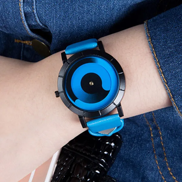 

Creative Turntable Watch Women Casual Sport Watches Blue Leather Strap Quartz Wristwatches for Ladies Girls Students Reloj Mujer