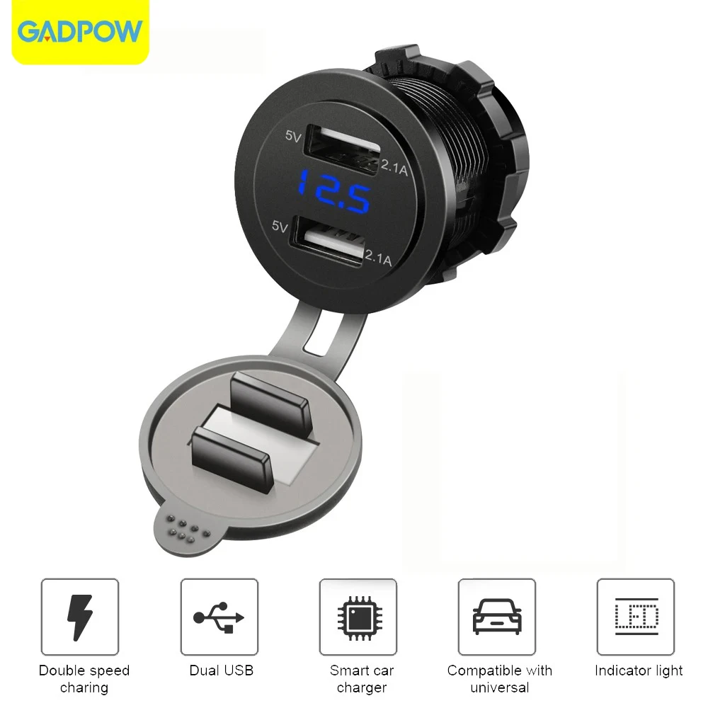 Gadpow 12V 24V Dual USB Car Charger Fast Charge Cigarette Lighter Socket 4.2A Car Fast Charger Cigar Jack Socket Built-In Car