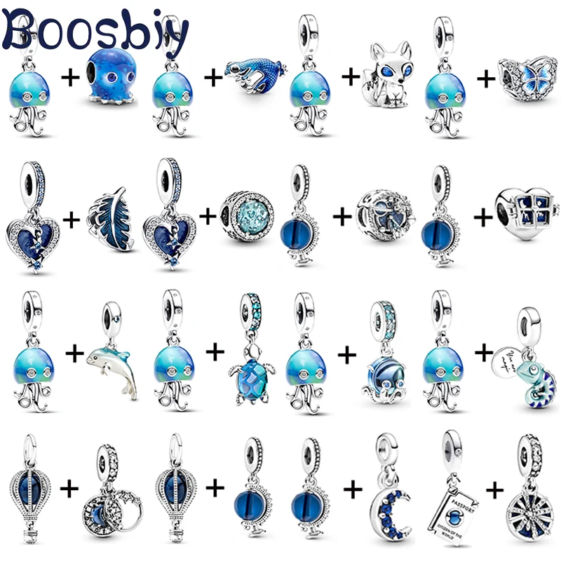 2Pcs/lot Blue Jellyfish & Starry Sky Bead With Sea Pendant Fit DIY Brand Charm Bracelet & Necklace For Women Jewelry Making Gift