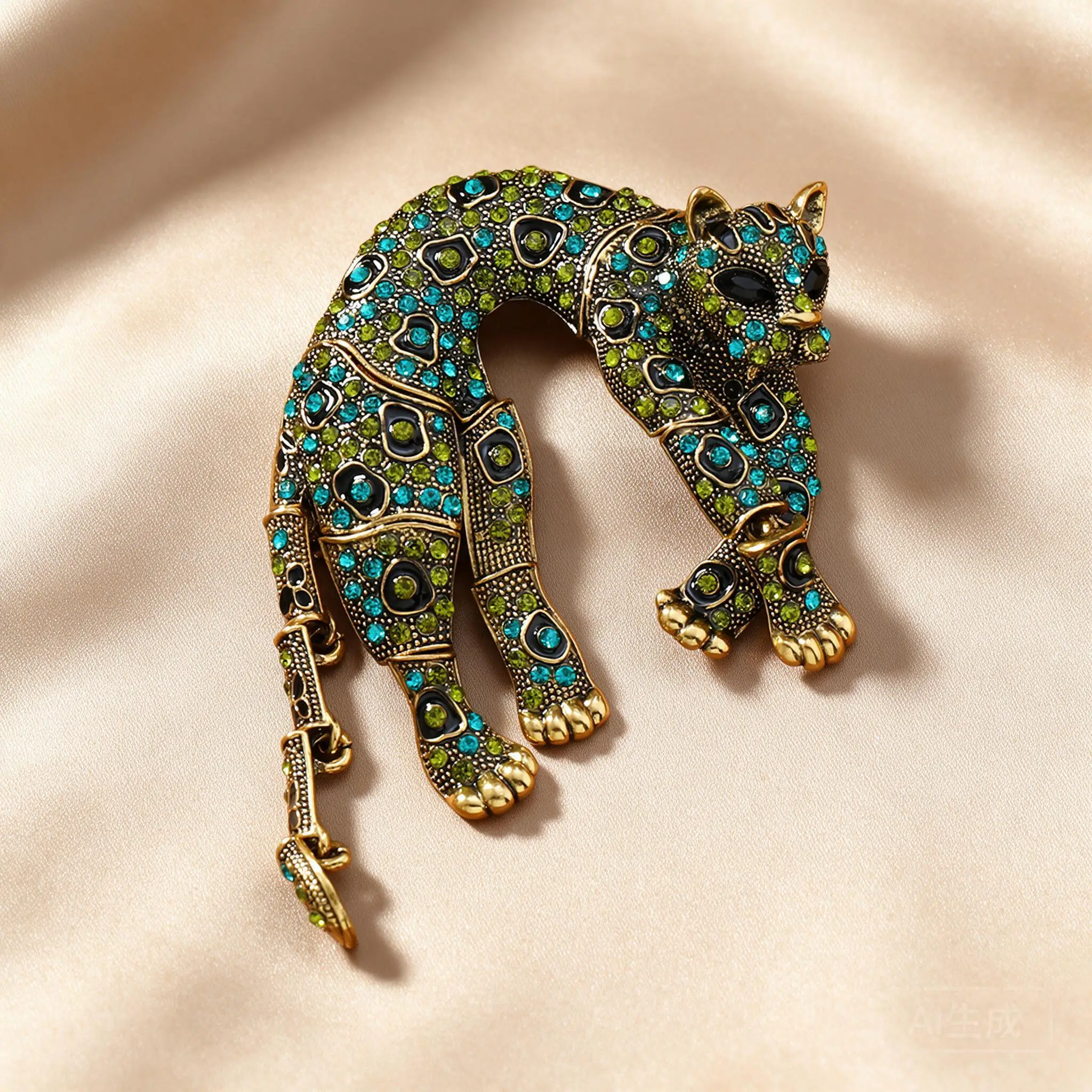 Vintage Bold Green Blue Rhinestone Movable Tail Leopard Brooch Sparkly Animal Pin Clothing Accessory For Men Women Daily Party