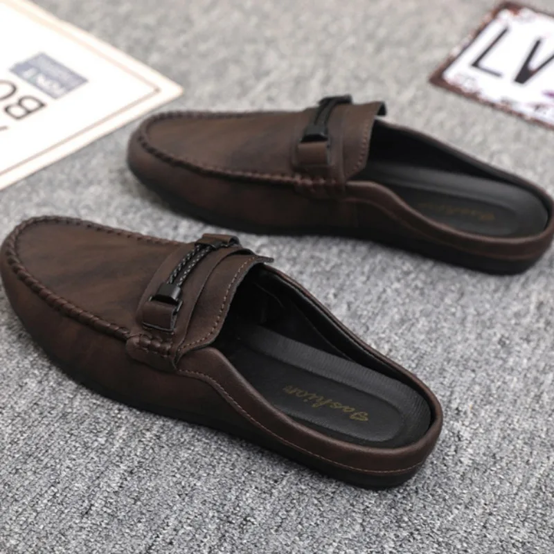 Summer Leather Men Half Slippers Breathable Mens Casual Shoes Slip-on Lazy Driving Shoes Comfortable Walking Loafers Moccasins