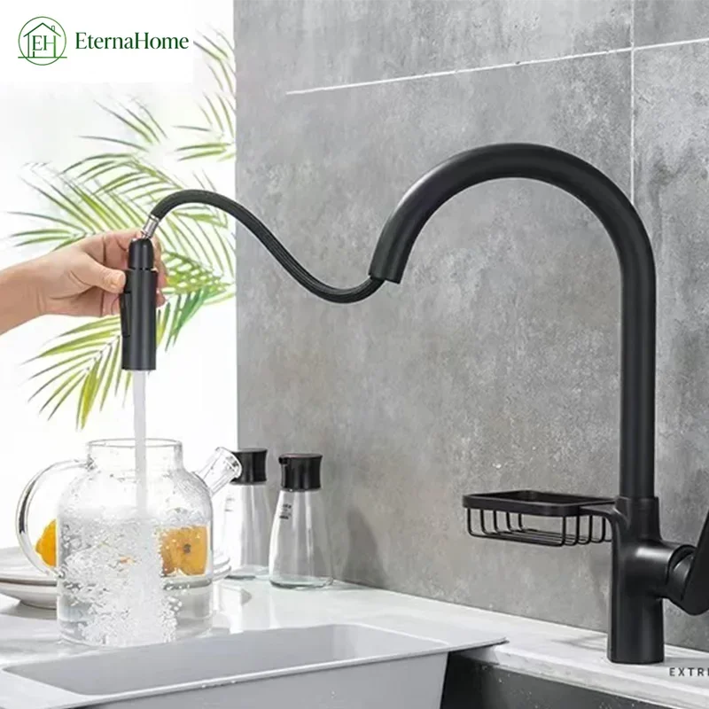 Kitchen Faucets Pull-out Washbasin Hot & Cold Water Mixing Sink Faucet with Water Purification Function Taps with Storage Basket
