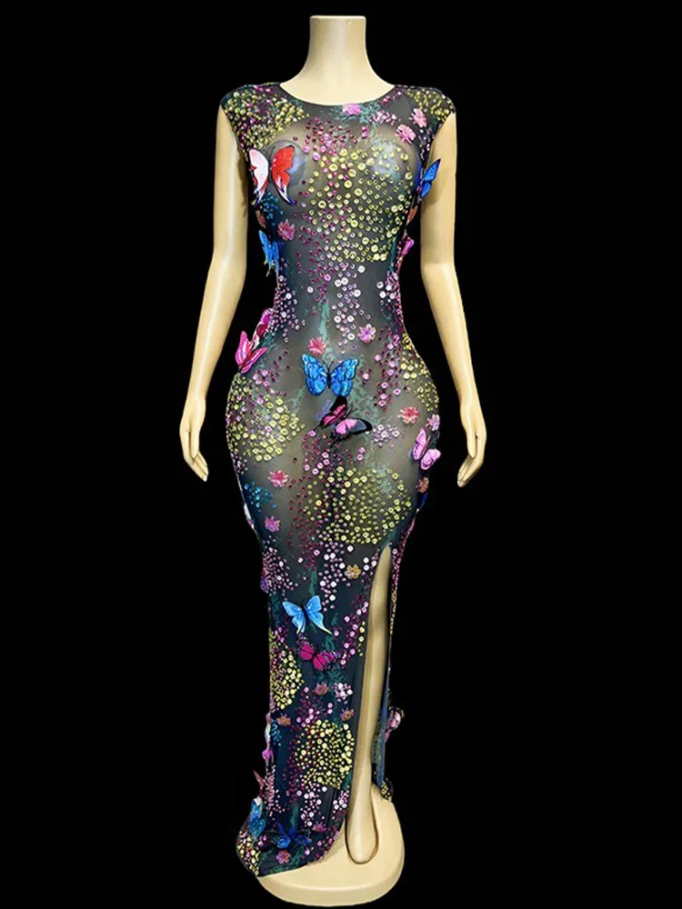 Strój damski na koncert i pokaz Rhinestone Elastyczna sukienka z rozcięciem w kształcie motyla Odzież damska luksusowa sukienka urodzinowa