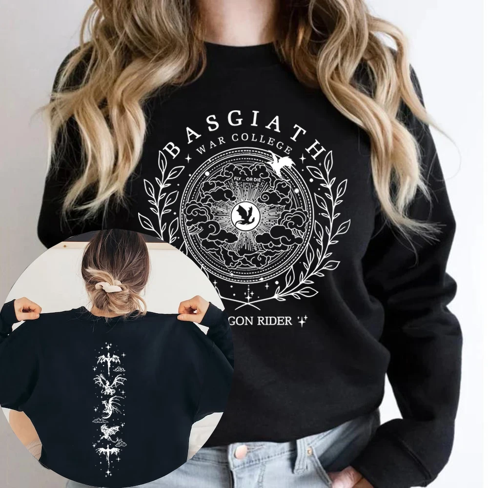 Vintage Basgiath War College 2-Sided Swetahirt Fourth Wing Hoodie Unisex Crewneck Sweatshirts Casual Long Sleeve Dragon Pullover