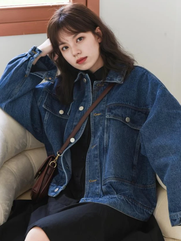 

Jackets Women Solid Trendy Retro Simple Denim All-match Korean Style Spring Outwears Loose Students Design Daily Casual Stylish