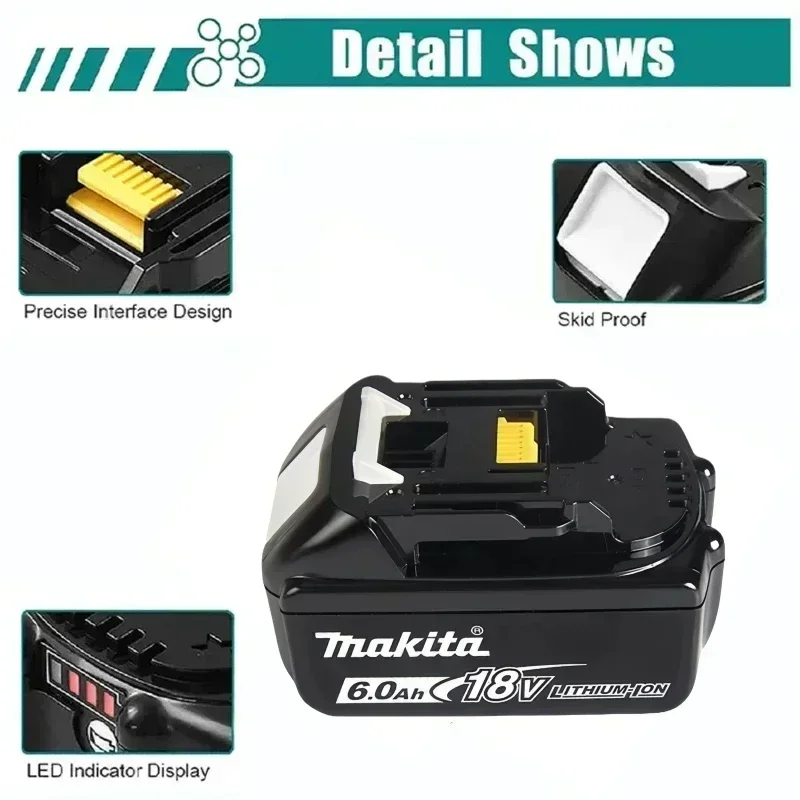 100% Original Makita Power Tool Rechargeable Battery, Replaceable LED Lithium-ion, 6.0Ah 18V BL1860B BL1860 BL1850 BL1830 BL1815