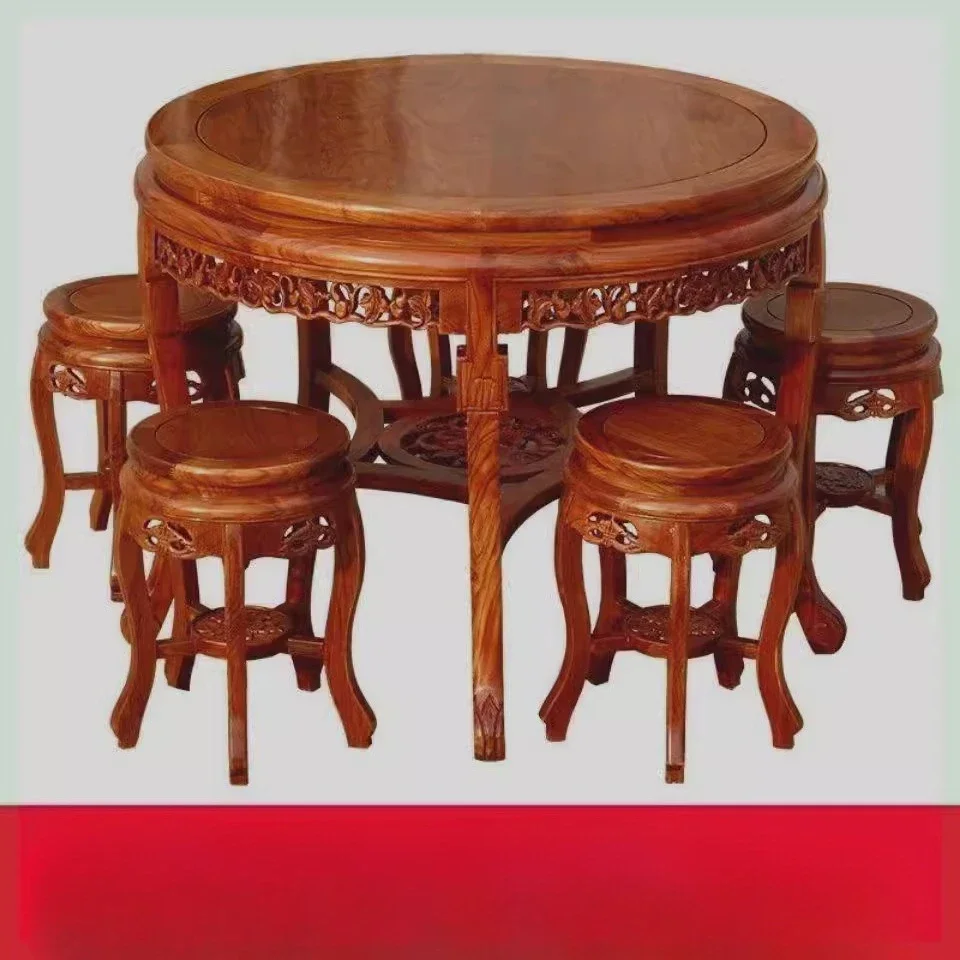 

Chinese antique solid wood dining table and chairs round dining room solid wood table household carving
