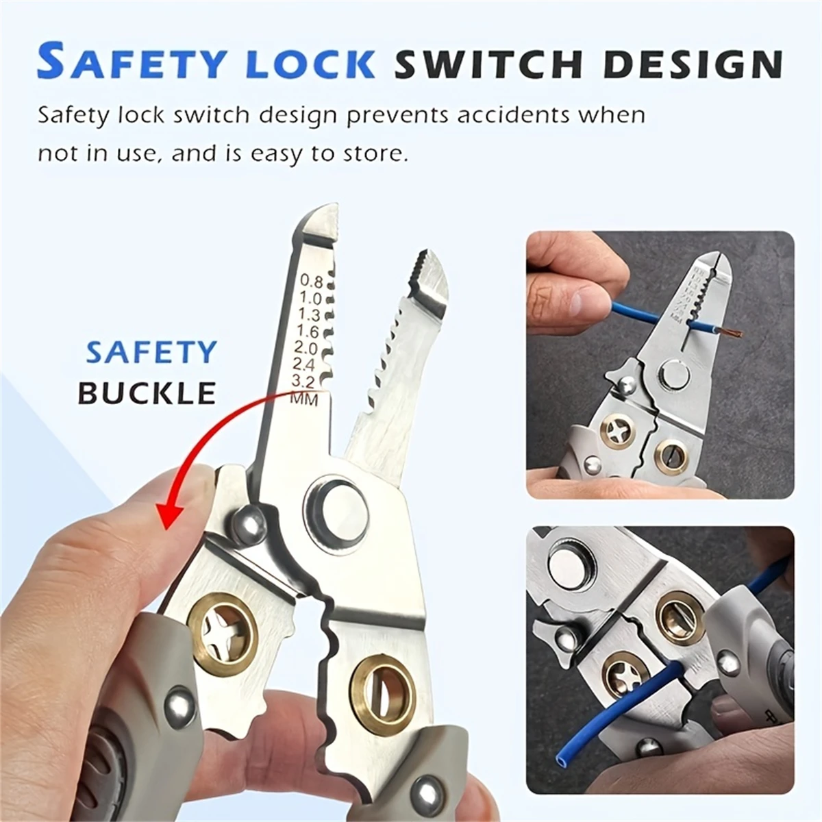 Heavy-duty stainless steel pliers and wire strippers for cutting, stripping, crimping, clamping, twisting, and removing nails