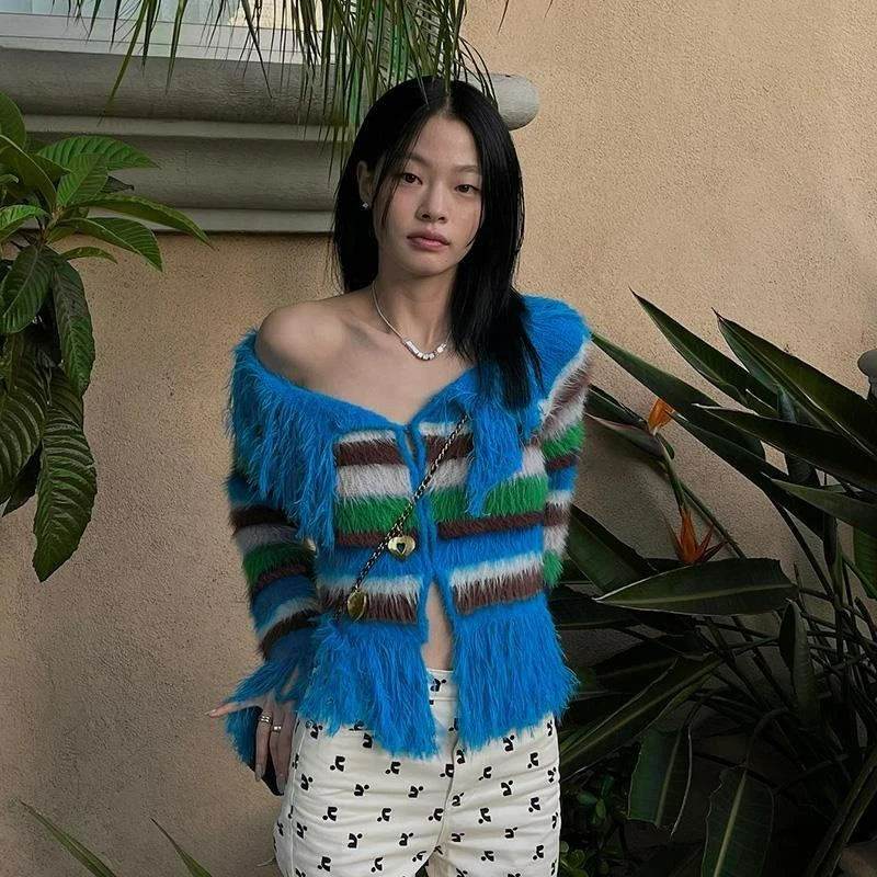 

2026autumn New Style Fashionable Hot Girl Tassel Design Sweater for Women Blue Striped Contrasting One-shoulder Knitted Cardigan