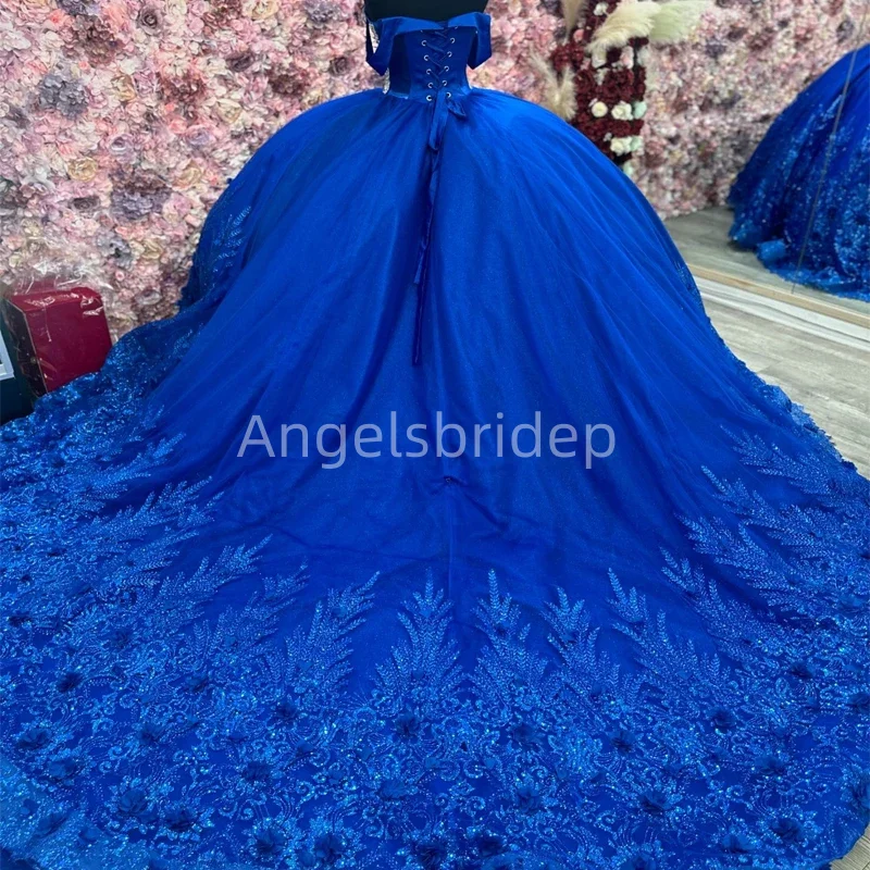 Angelsbride Gorgeous Off Shoulder Royal Blue Ball Gown Quinceanera Dresses With Appliques Evening Vestido De 15 Quinceañera