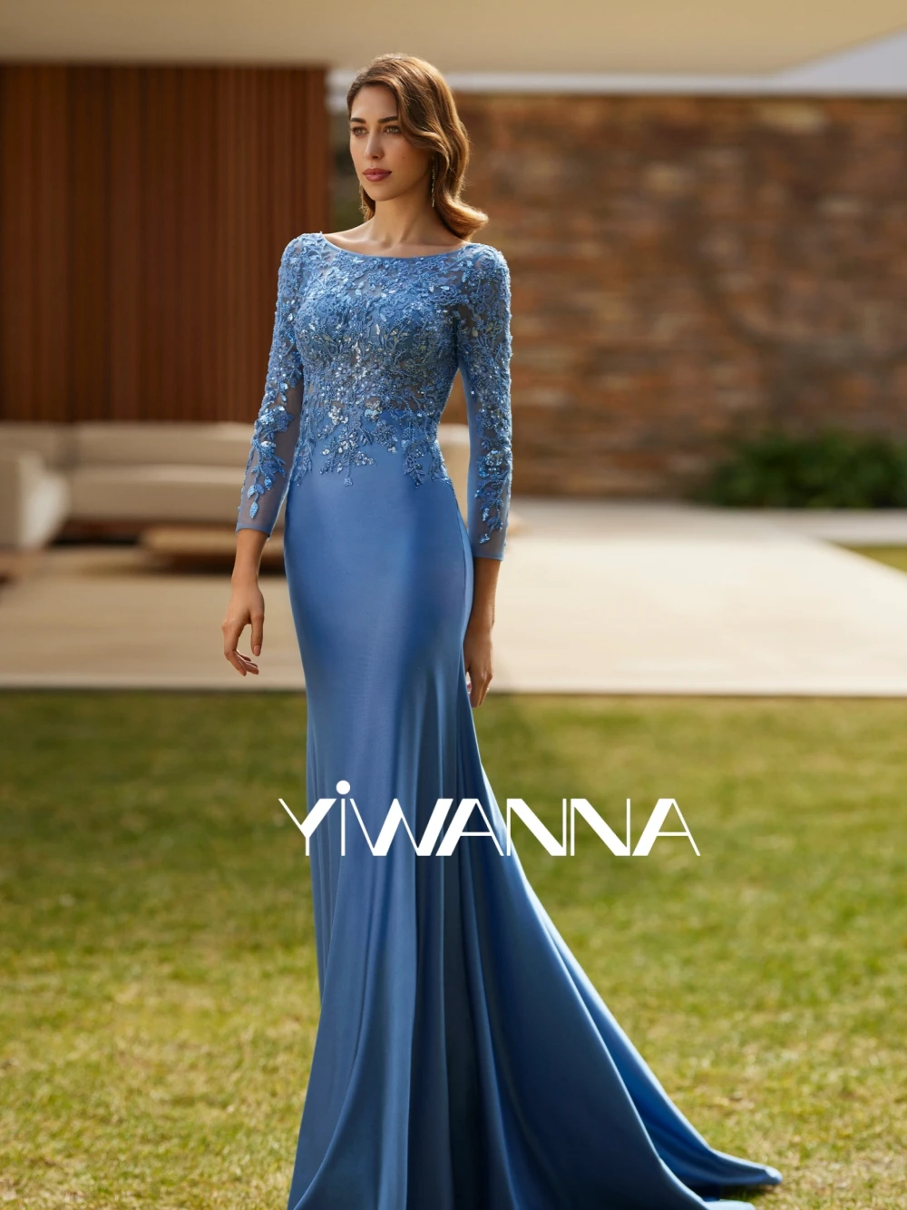 Vestido para a mãe da noiva para casamento, manga longa, miçangas brilhantes de lantejoulas, elegante vestido de baile, modesto com o decote, vestido longo