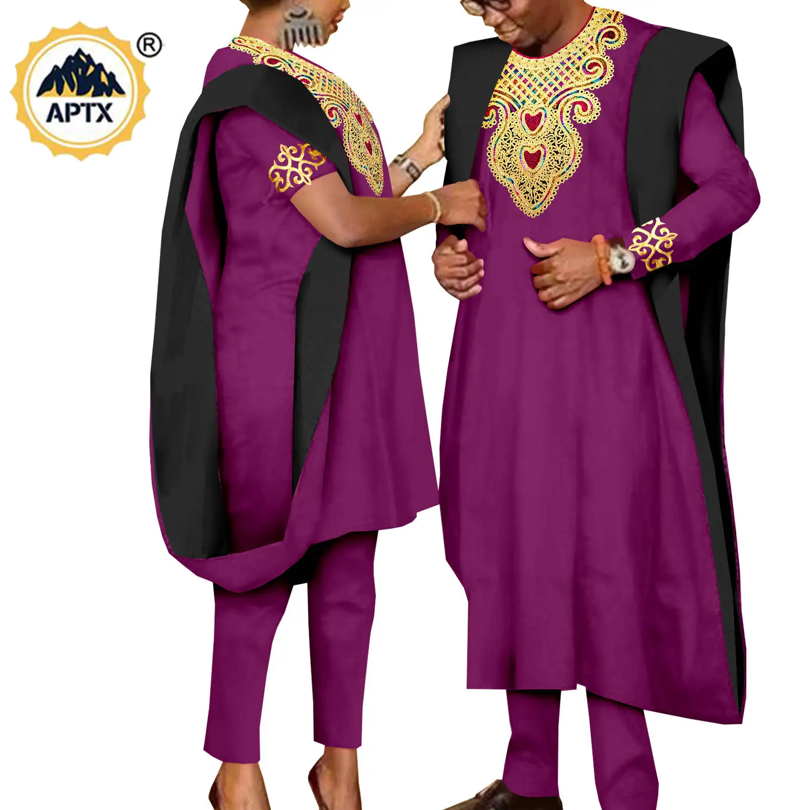 African 3 Pieces Suit for Men Matching Couple Outfits Agbada Dashiki Women Muslim Sets Bazin Riche Applique Robes Asoebi Y23C029