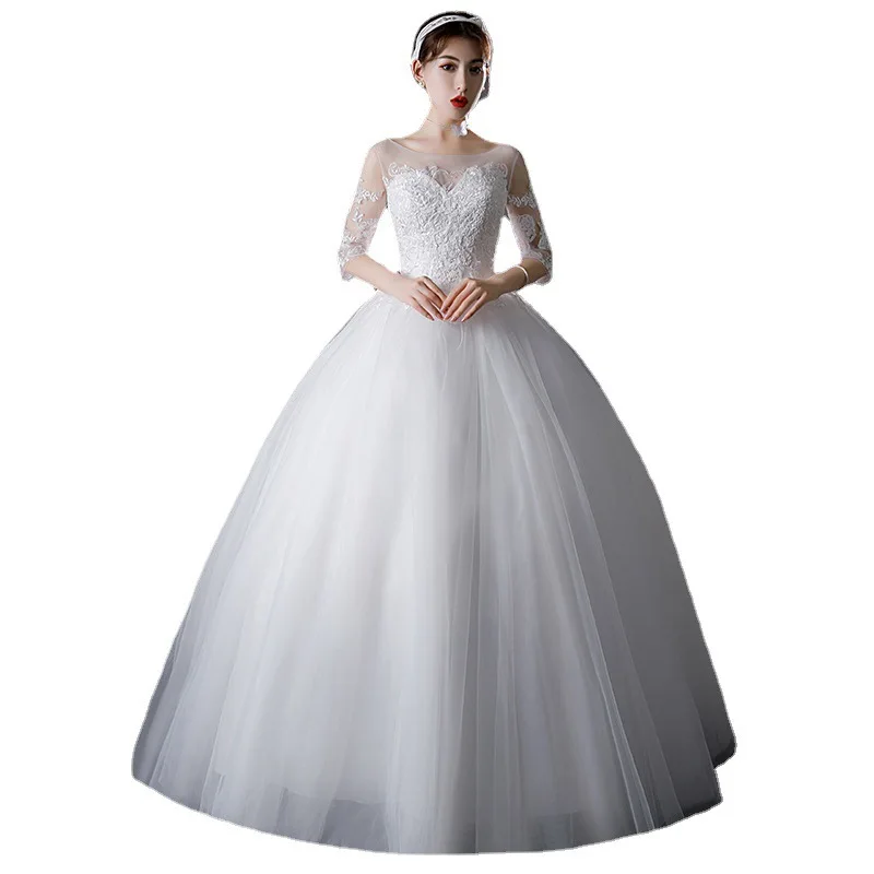 It's Yiiya White Wedding Dresses O-neck Appliques Half Sleeves Lace up Princess Floor-length Plus size Bride Ball Gowns FH012