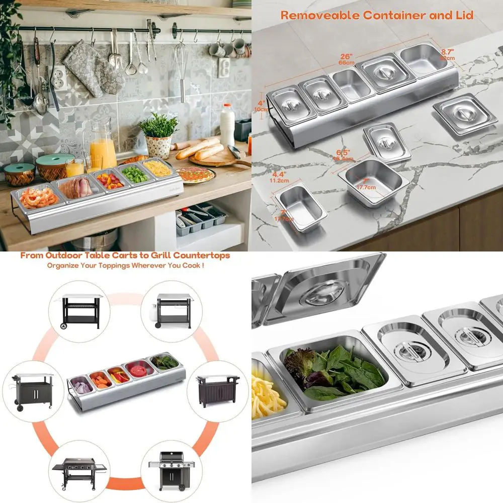 

5-секционная станция для топпинга пиццы из нержавеющей стали с крышками для наружных духовок и приготовления ингредиентов