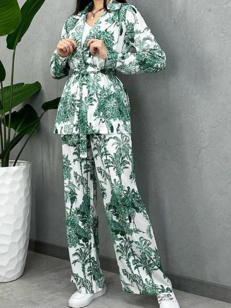 Women Print Two Piece Pant Sets Full Sleeve Cardigan Shirts Lace Up Wide Leg Pants Midi Waist Loose Splice Casual Summer