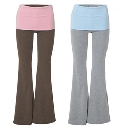 Women Summer Casual Flared Pants Colorblock Fold Over Elastic Waistband Stretchy Leggings Yoga Pants Boot Cut Sweatpants