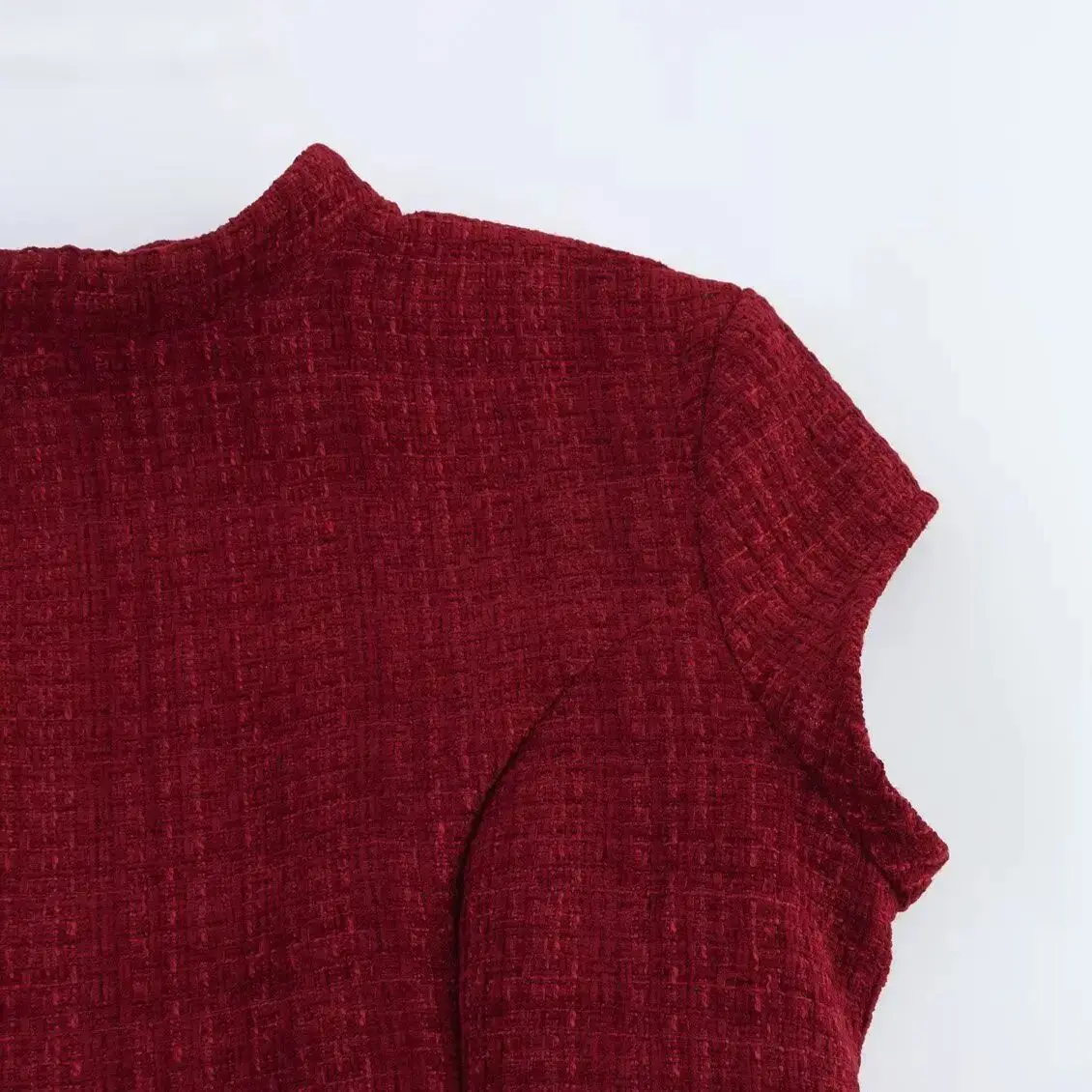 2025 Sexy Wine Red Tweed Short Sleeve Mini Dress Women Hollow Cut Out Back Backless Low Waist Ball Gown Swing Dresses Party Robe